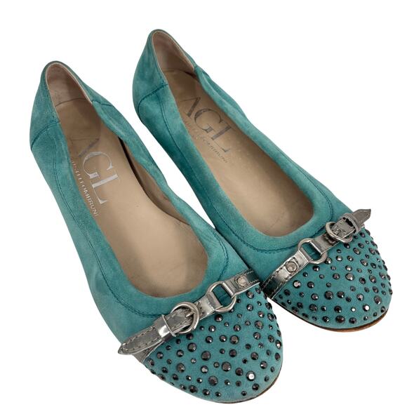 Agl Shoes - AGL Monika Ballet Flat Size EU 39 Turquoise Blue Suede Studded Made in Italy